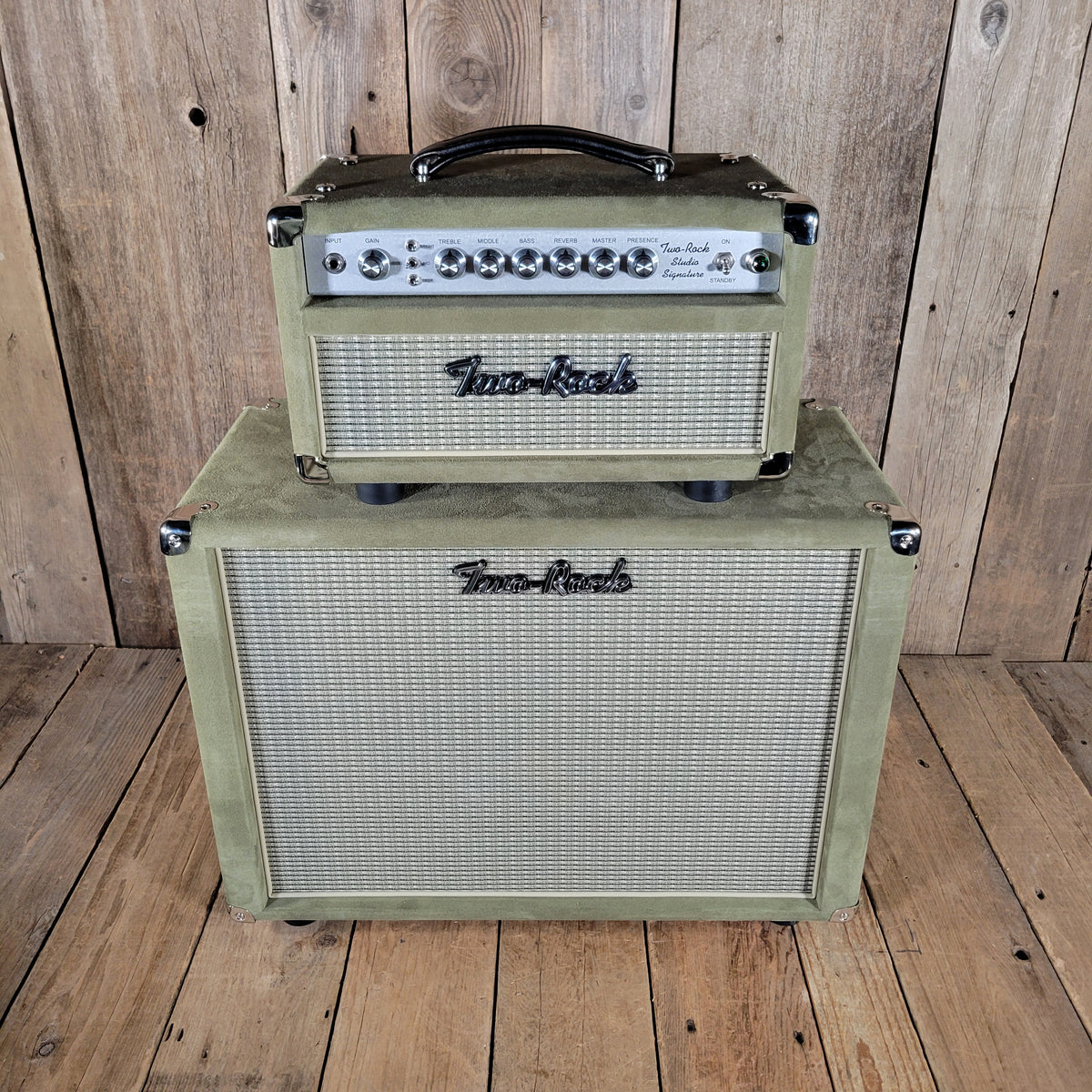 Two Rock NEW Studio Signature head and 1x12 open back cabinet, silver anodize, moss green suede, vintage beige cloth NEW 2025